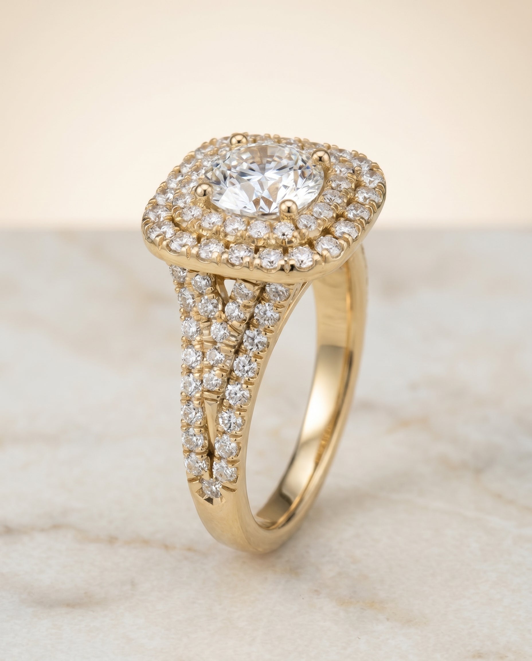 Lyra Select Double Halo Round Lab Diamond Engagement Ring in 18K Yellow Gold, alternate angle | RockHer