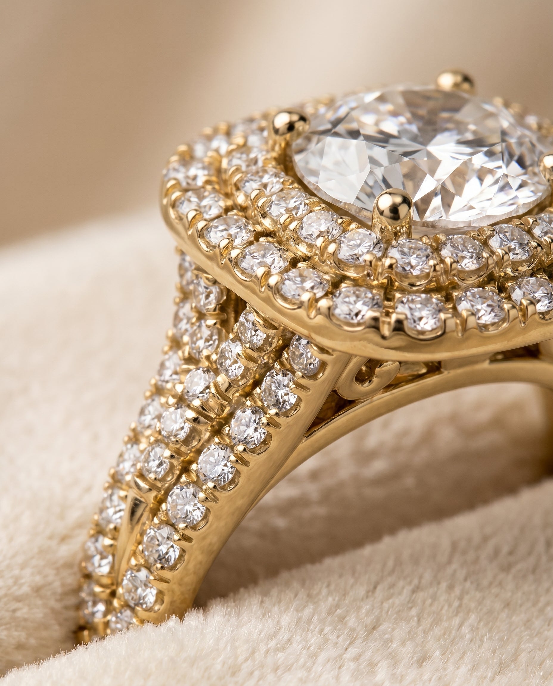 Lyra Select Double Halo Round Lab Diamond Engagement Ring in 18K Yellow Gold, detail view | RockHer