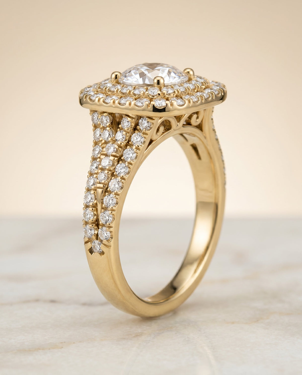 Lyra Select Double Halo Round Lab Diamond Engagement Ring in 18K Yellow Gold, front view | RockHer