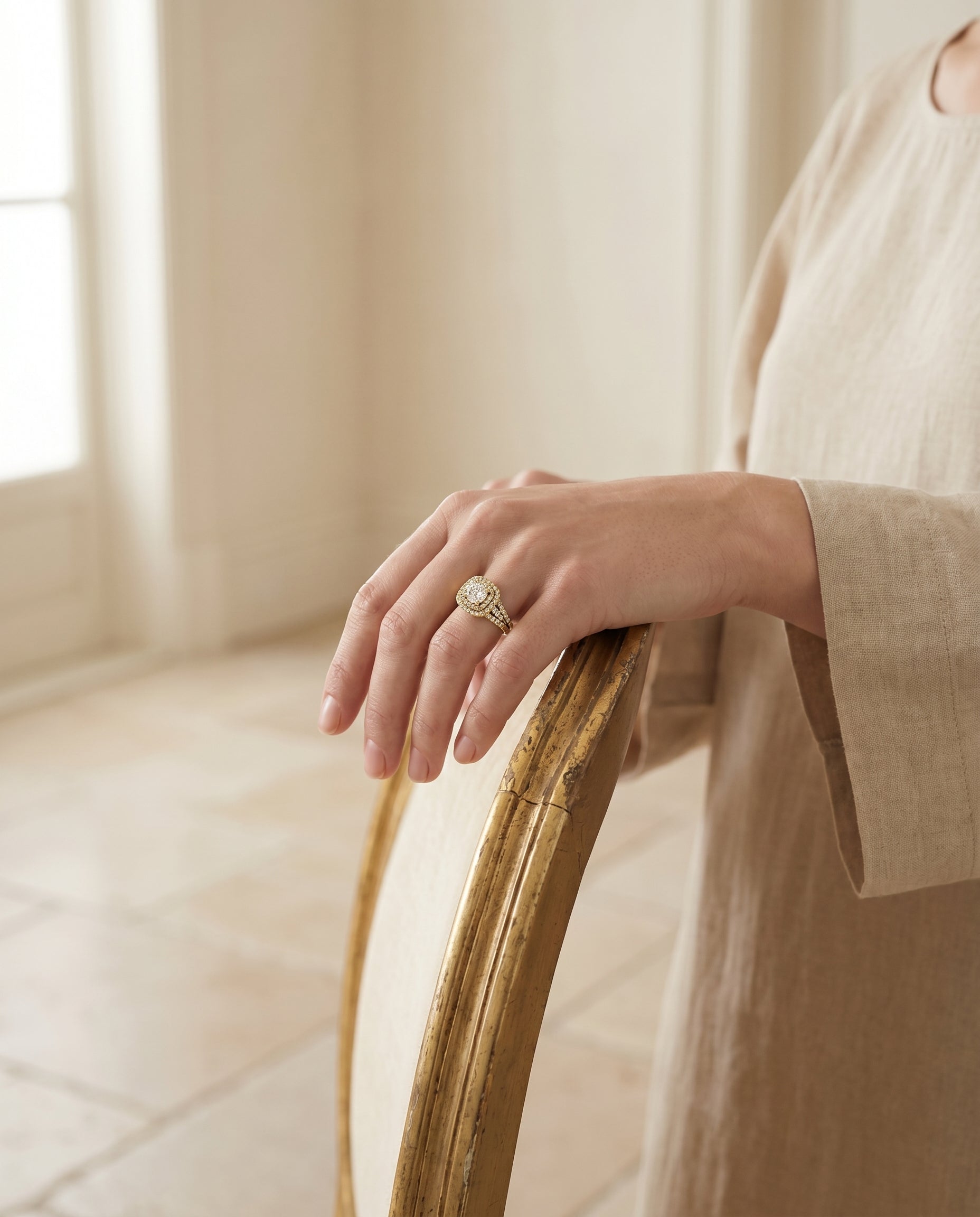 Lyra Select Double Halo Round Lab Diamond Engagement Ring in 18K Yellow Gold, lifestyle | RockHer