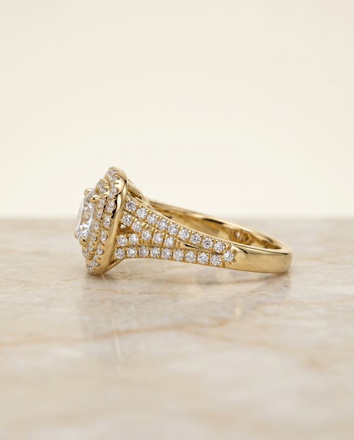 Round Brilliant, Four Row Double Halo, in 18K Yellow Gold, pave setting – side profile | RockHer