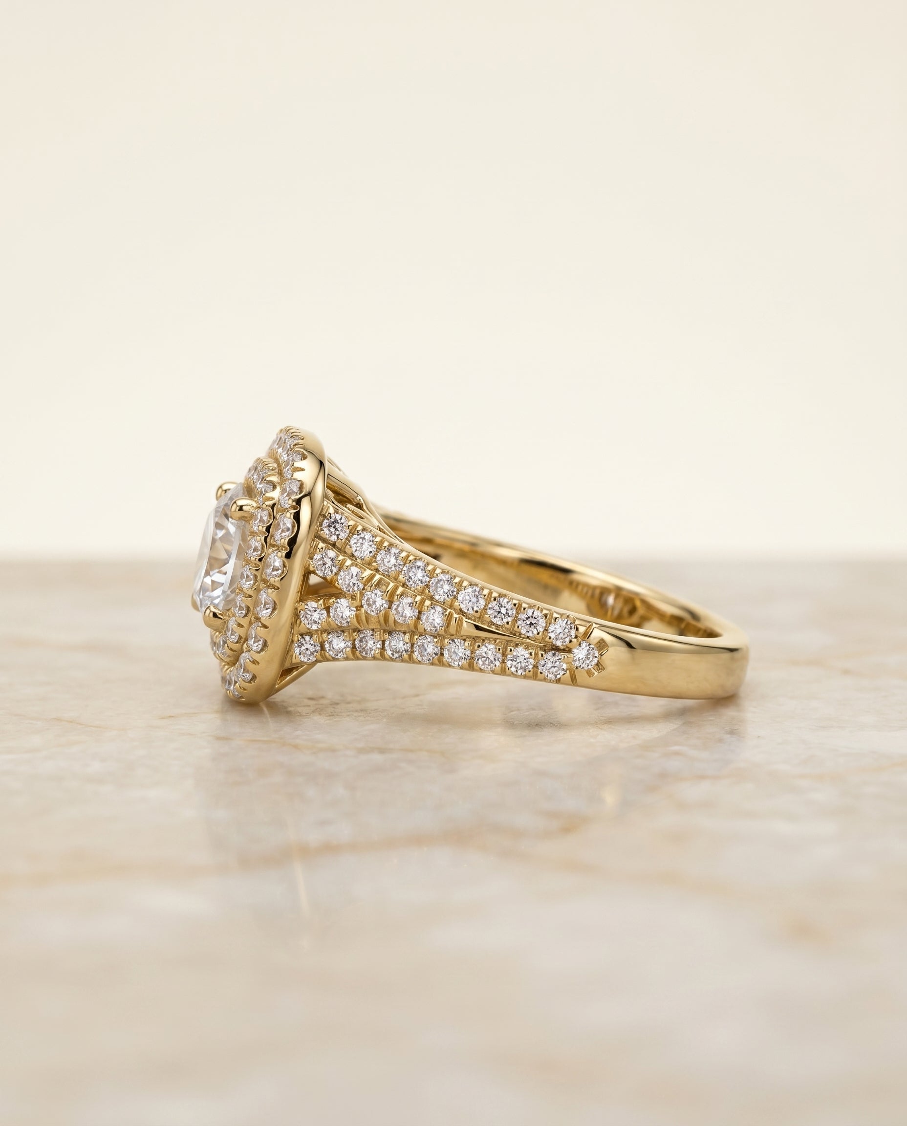Lyra Select Double Halo Round Lab Diamond Engagement Ring in 18K Yellow Gold, side view | RockHer