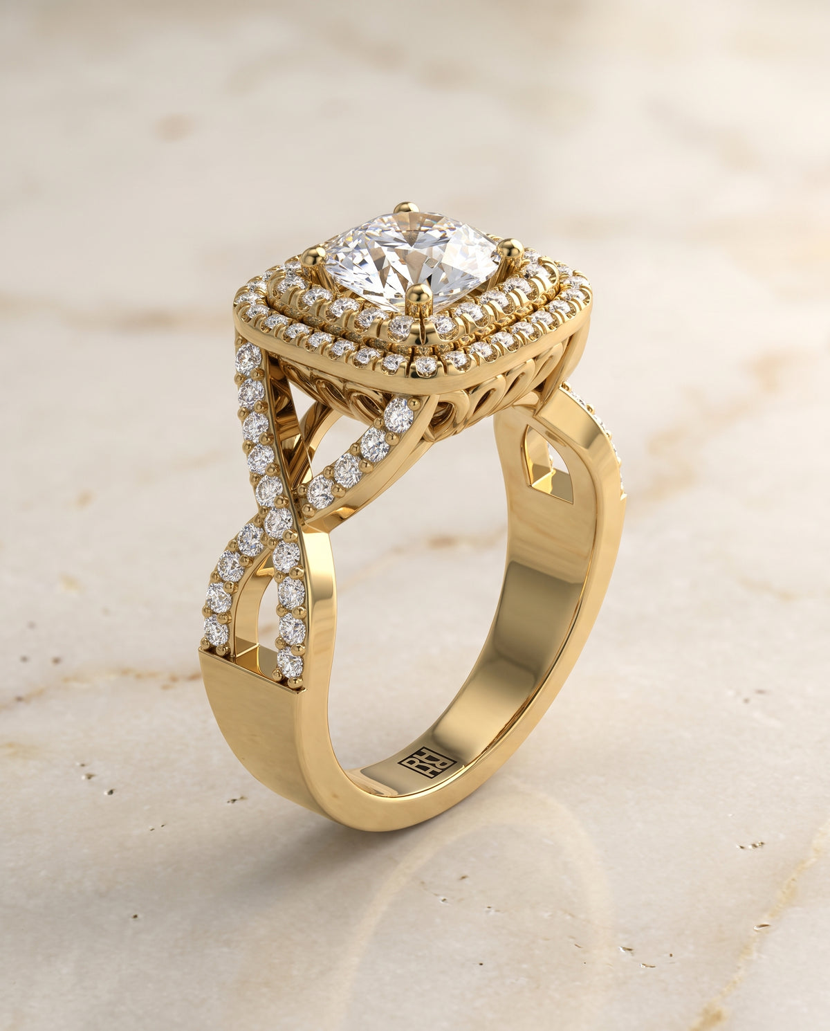 The Macy Double Halo Round Engagement Ring Setting in 18K Yellow Gold