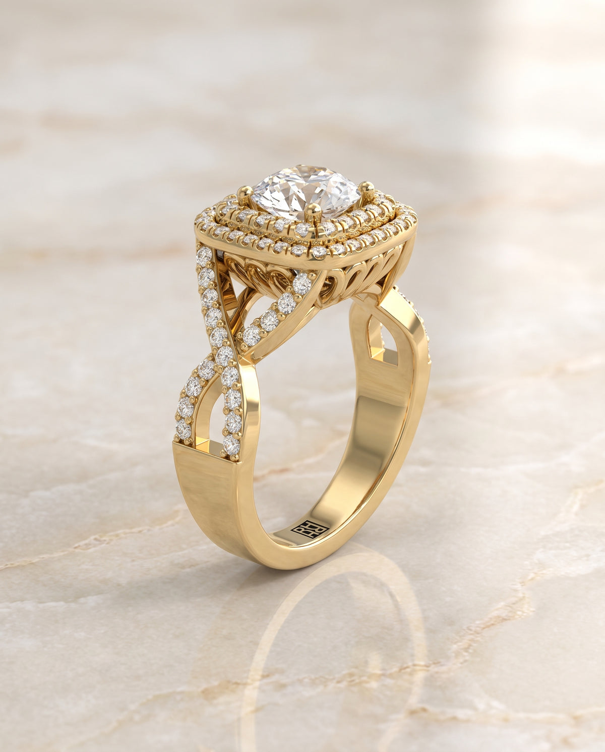The Macy Double Halo Round Engagement Ring Setting in 18K Yellow Gold