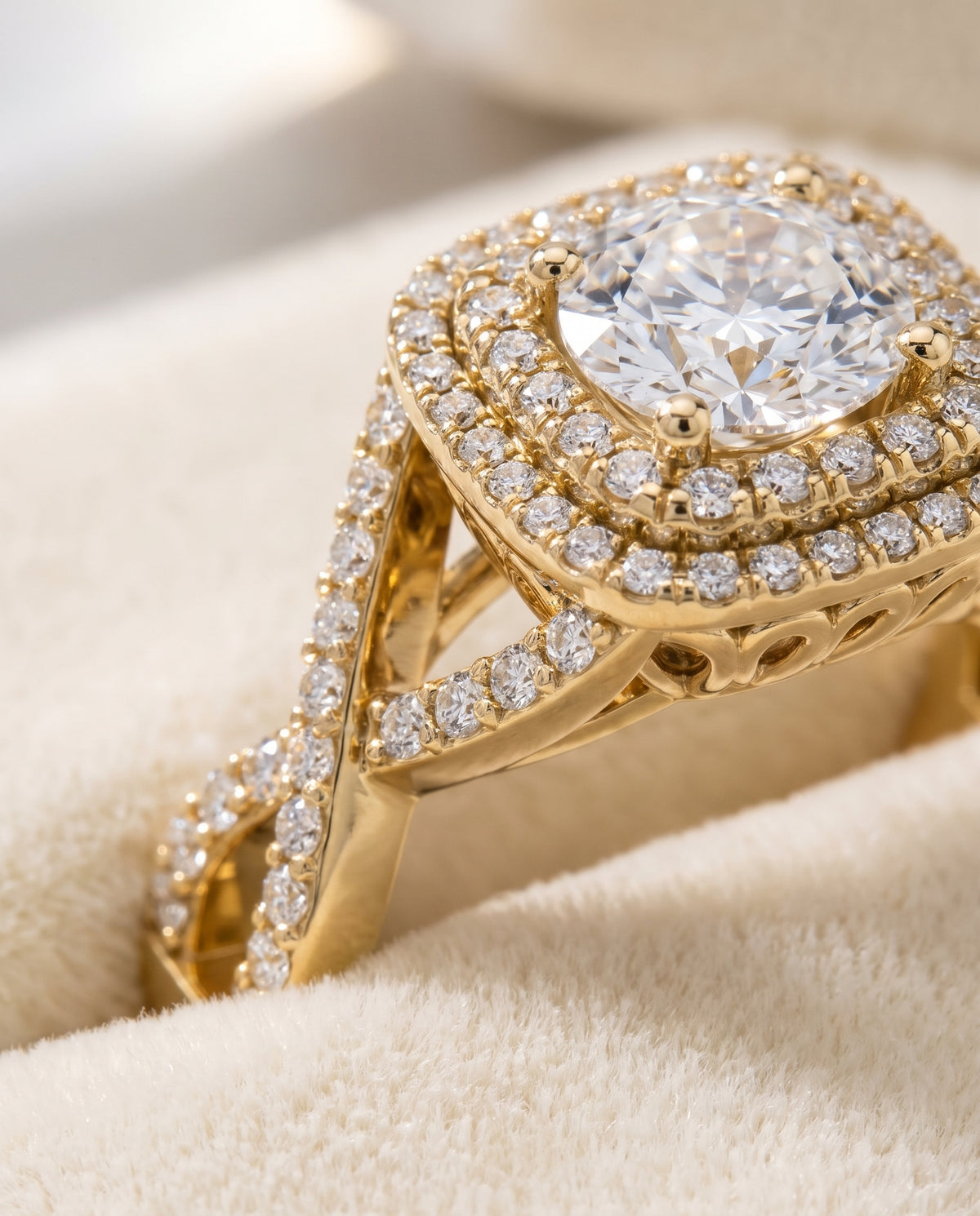 The Macy Double Halo Round Engagement Ring Setting in 18K Yellow Gold