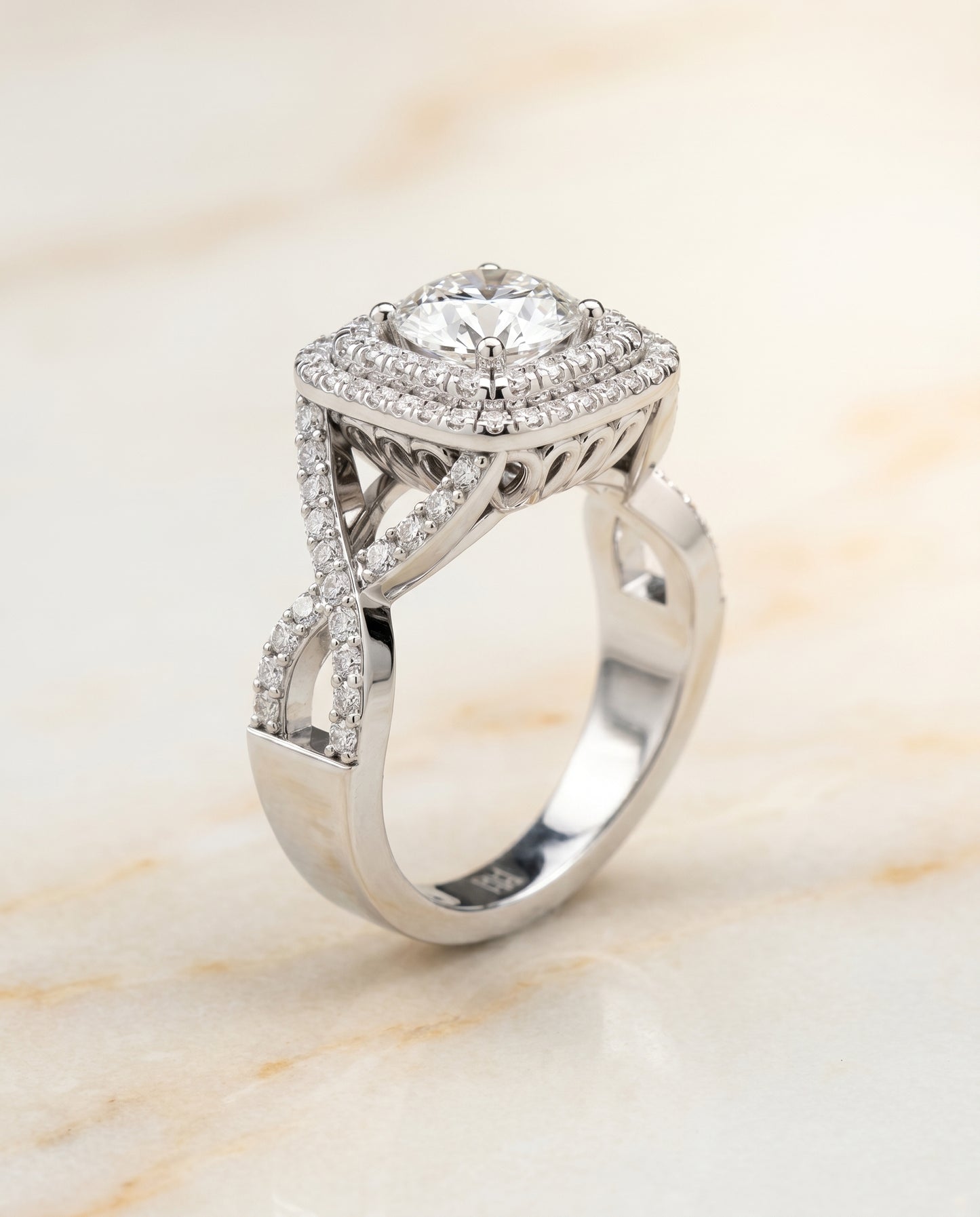 Round Brilliant, Twist Double Halo, in Platinum, pave setting – angled view | RockHer