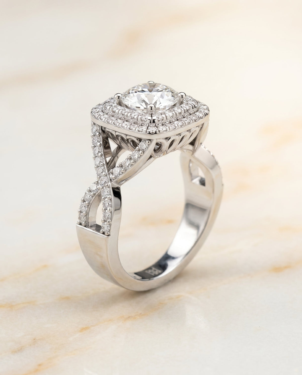 Macy Select Double Halo Round Lab Diamond Engagement Ring in Platinum, alternate angle | RockHer