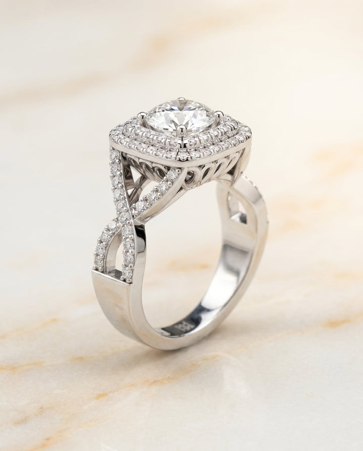 Macy Select Double Halo Round Lab Diamond Engagement Ring in 14K White Gold, alternate angle | RockHer