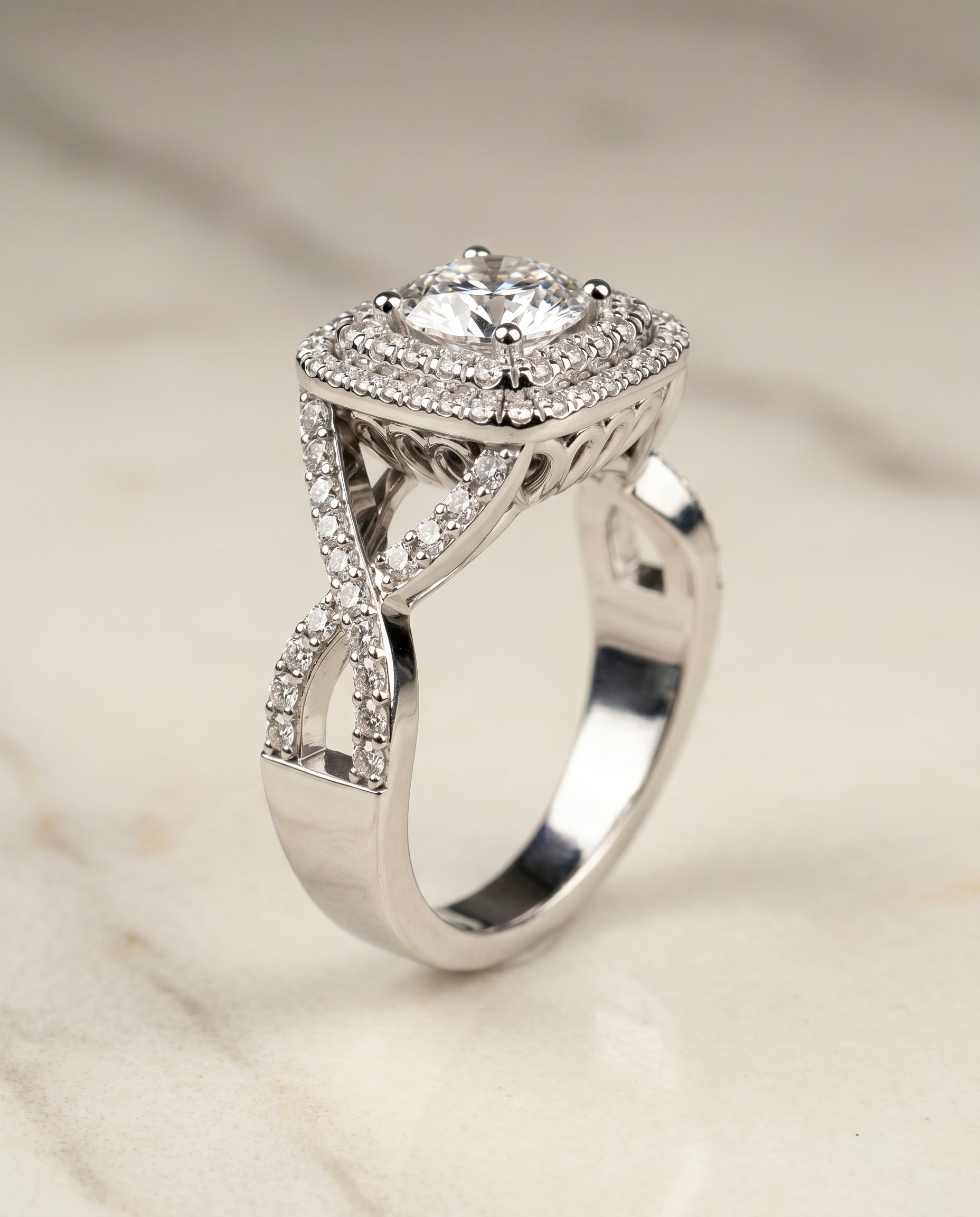 The Macy double halo engagement ring setting, shown in Platinum | RockHer