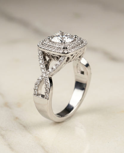 Round Brilliant, Twist Double Halo, in Platinum, pave setting – front view | RockHer