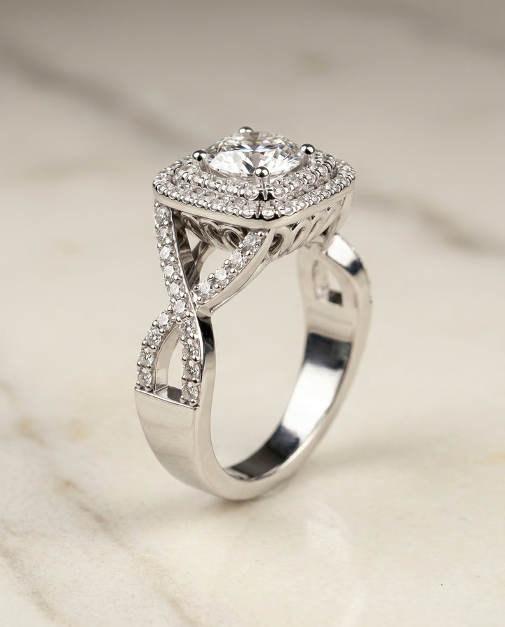 Round Brilliant, Twist Double Halo, in Platinum, pave setting – front view | RockHer