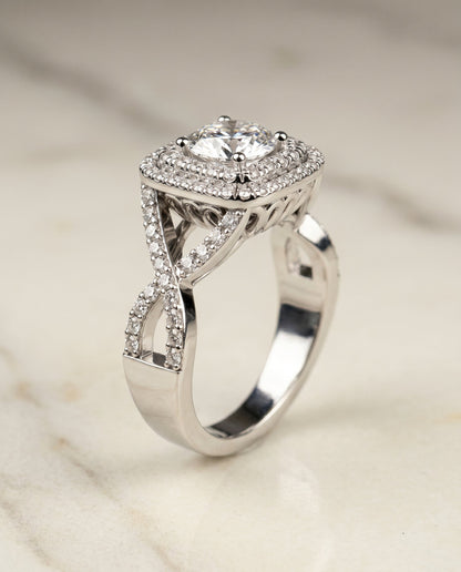 Macy Select Double Halo Round Lab Diamond Engagement Ring in 14K White Gold, front view | RockHer