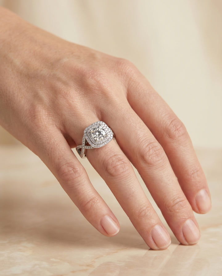 Round Brilliant, Twist Double Halo, in Platinum, pave setting – lifestyle shot | RockHer