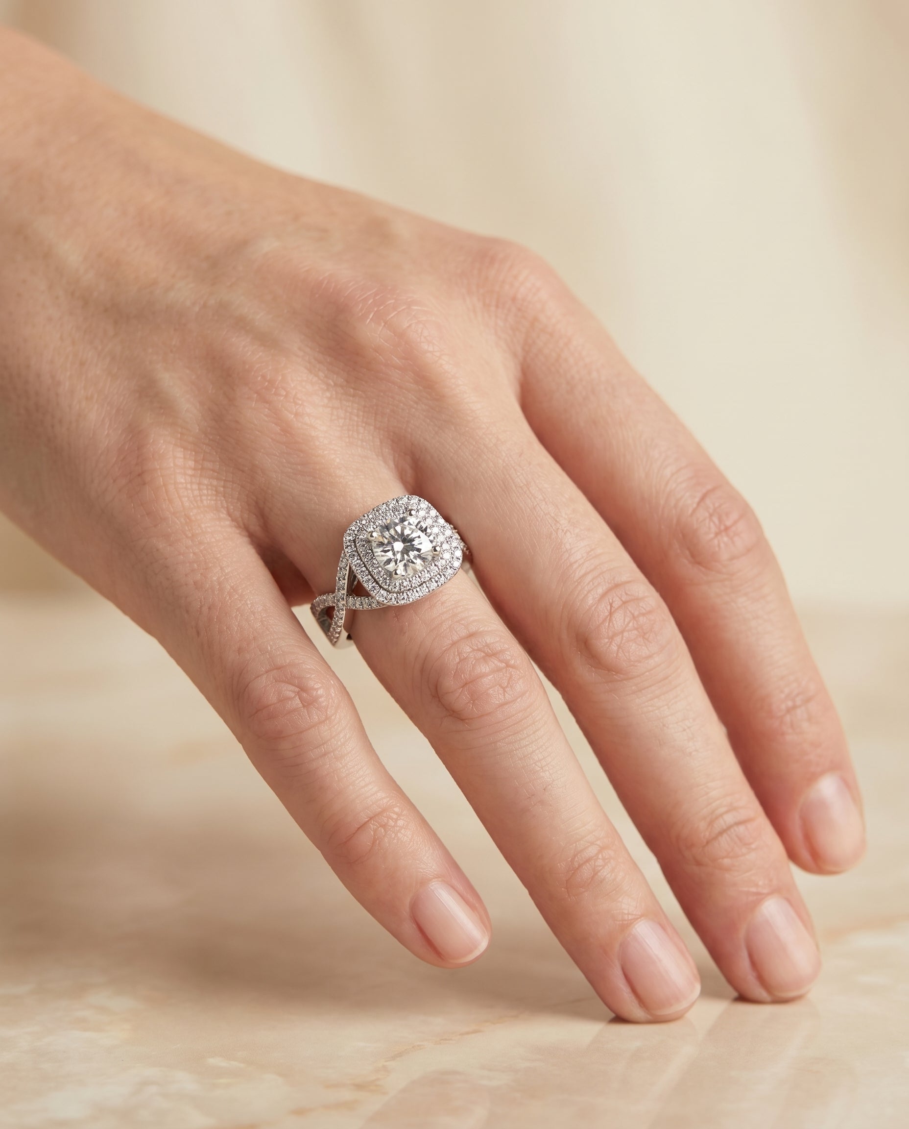 Macy Select Double Halo Round Lab Diamond Engagement Ring in Platinum, shown on hand | RockHer