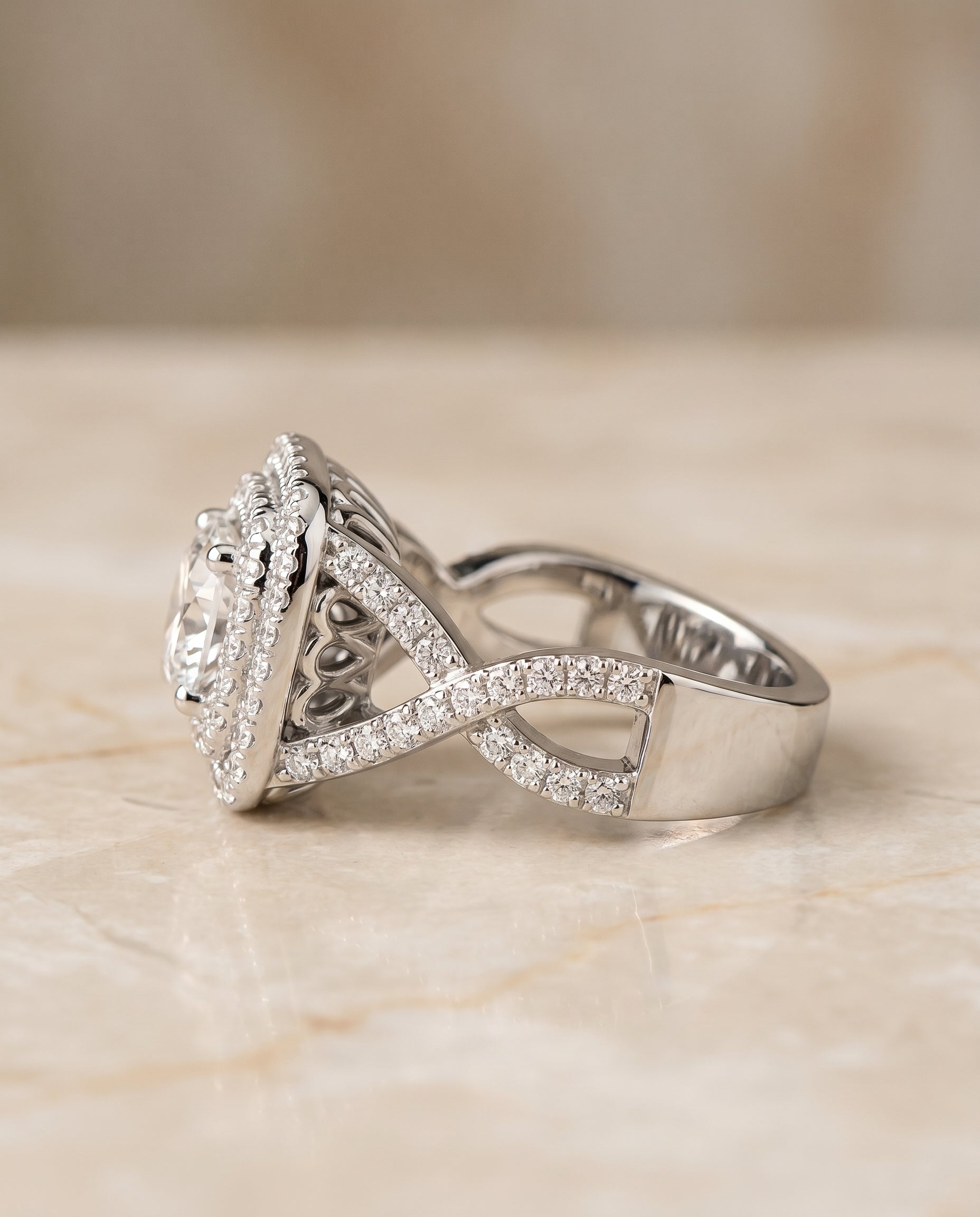 Double Halo styling on The Macy round engagement ring setting | RockHer