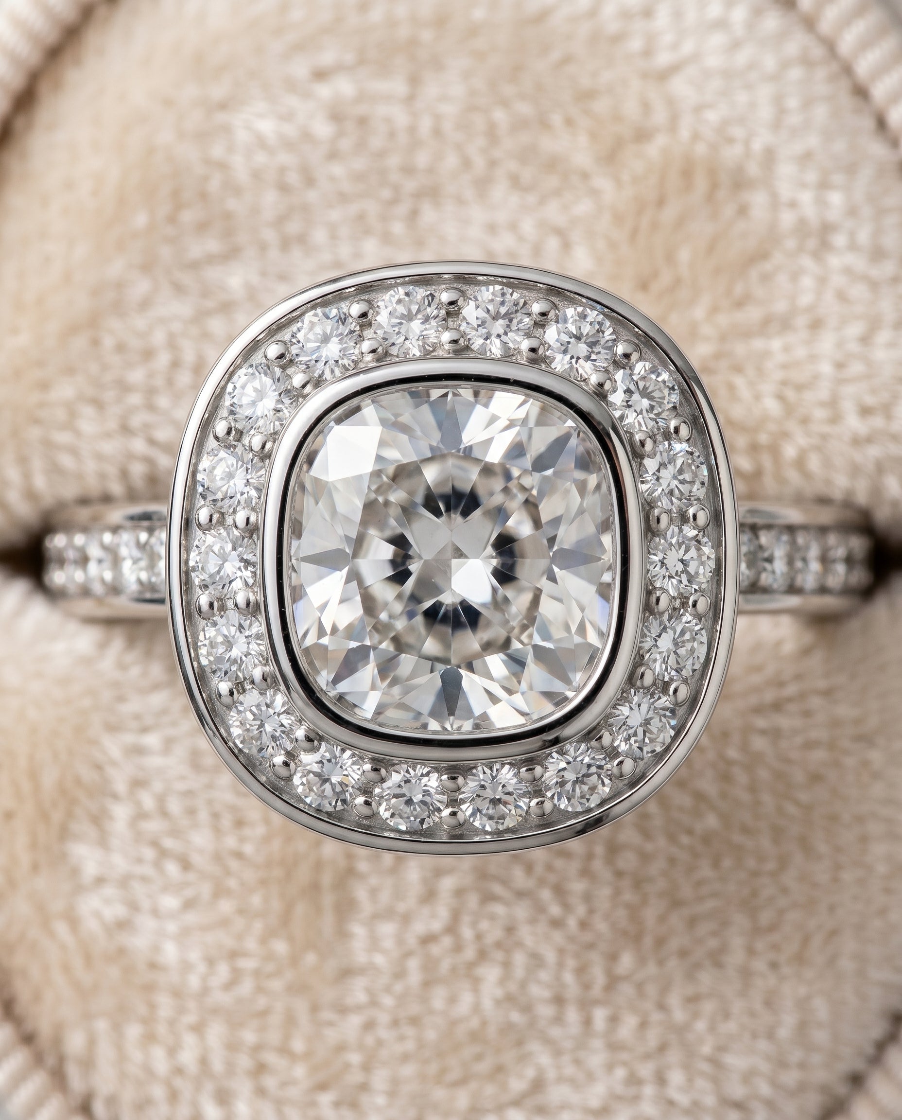 Marcia Select Bezel Halo Channel Band Cushion Cut Lab Diamond Engagement Ring in Platinum, detail view | RockHer