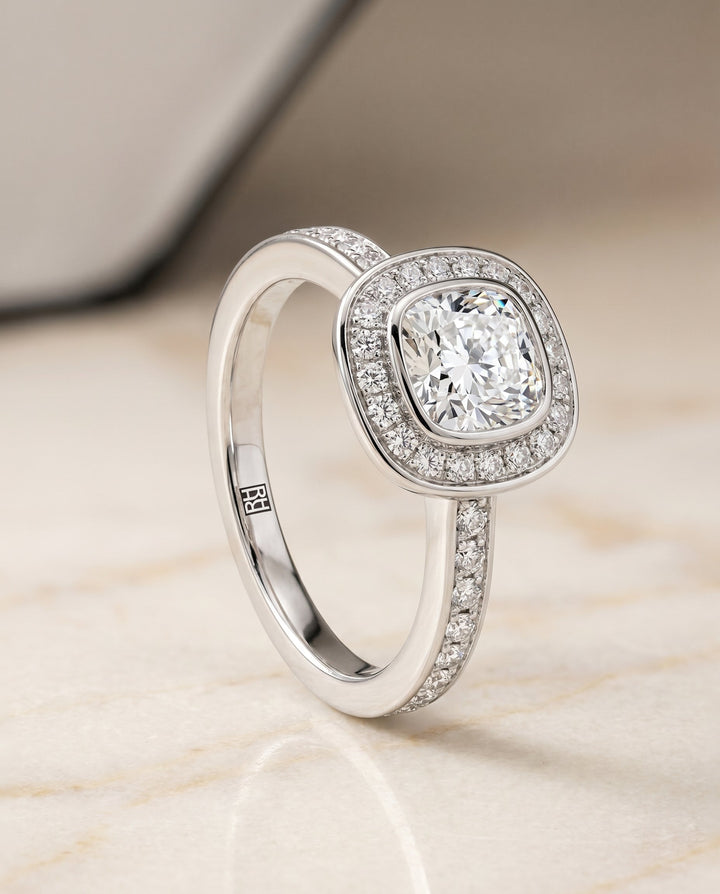 Marcia Select Bezel Halo Channel Band Cushion in 18K White Gold – view 2