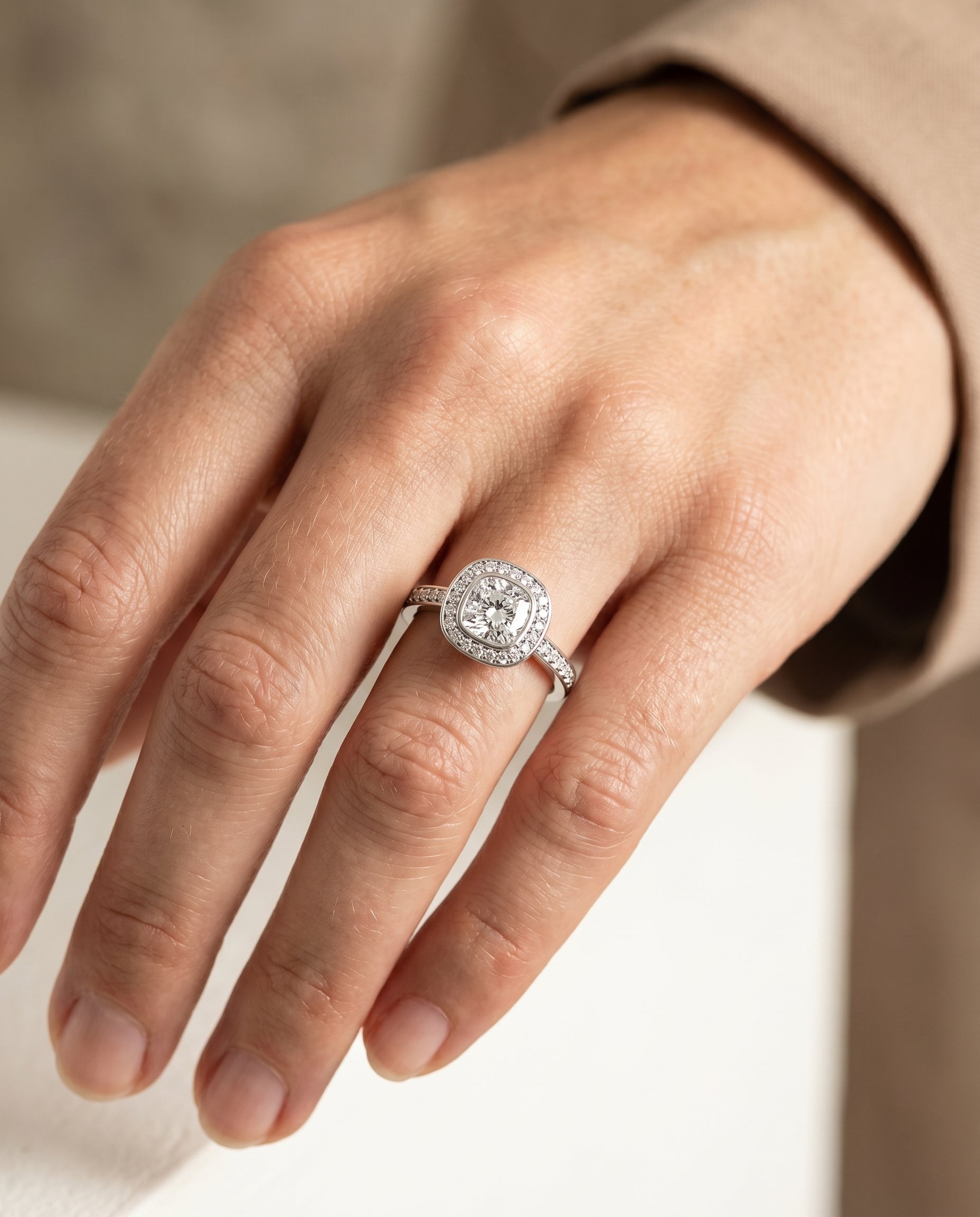 The Marcia engagement ring setting in 18K White Gold, select bezel halo channel band cut design | RockHer
