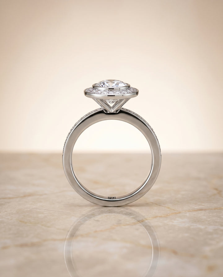 Bezel Halo Channel Band Cushion, in Platinum – side profile | RockHer