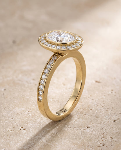 Oval engagement ring setting in 18K Yellow Gold, Marcia Bezel Halo Channel Band Oval, alternate view | RockHer