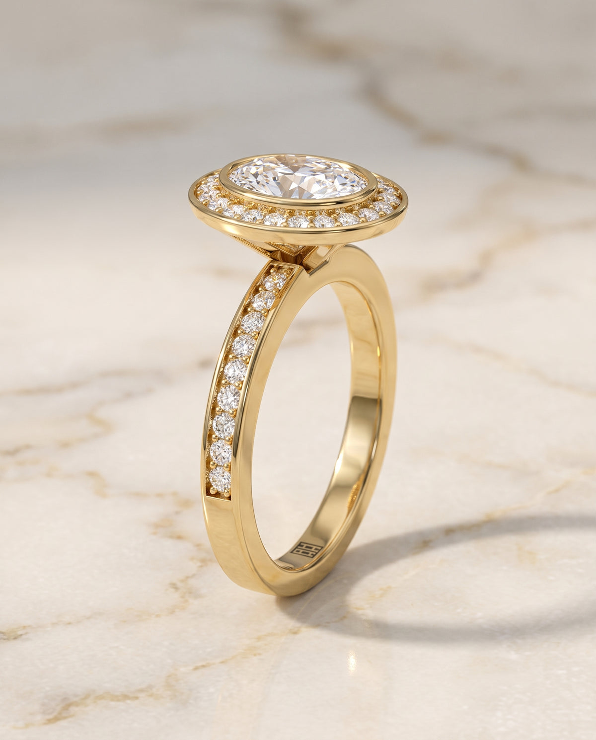 Oval engagement ring setting in 18K Yellow Gold, Marcia Bezel Halo Channel Band Oval, alternate view | RockHer
