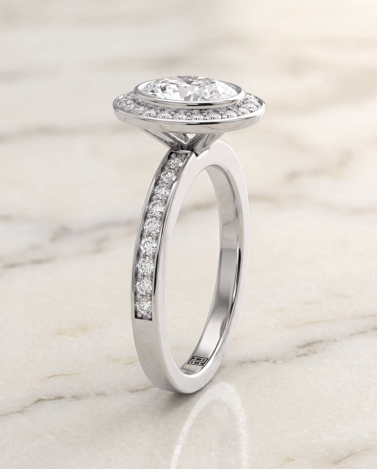 The Marcia Bezel Halo Channel Band Oval Engagement Ring Setting in 18K White Gold
