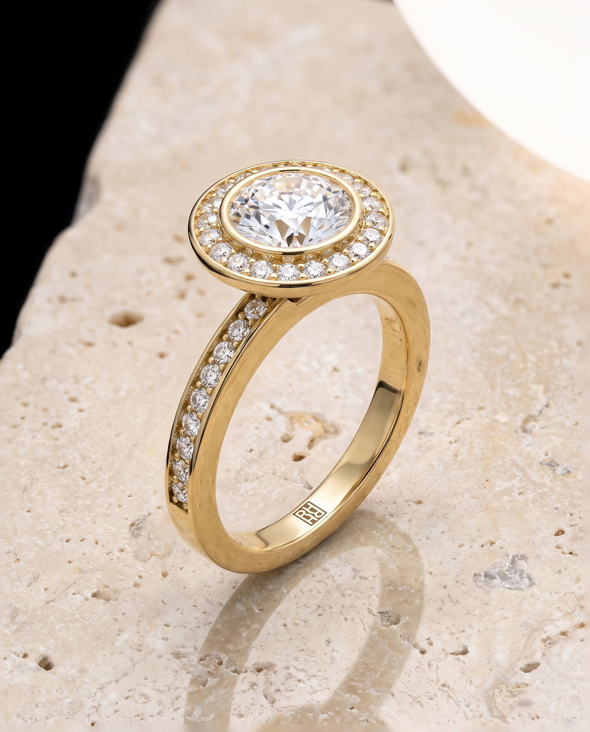The Marcia Bezel Halo Channel Band Round Engagement Ring Setting in 18K Yellow Gold