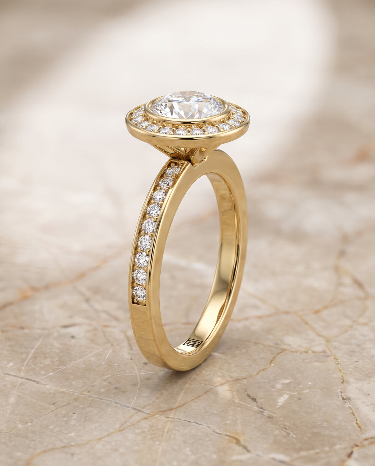 The Marcia Bezel Halo Channel Band Round Engagement Ring Setting in 18K Yellow Gold