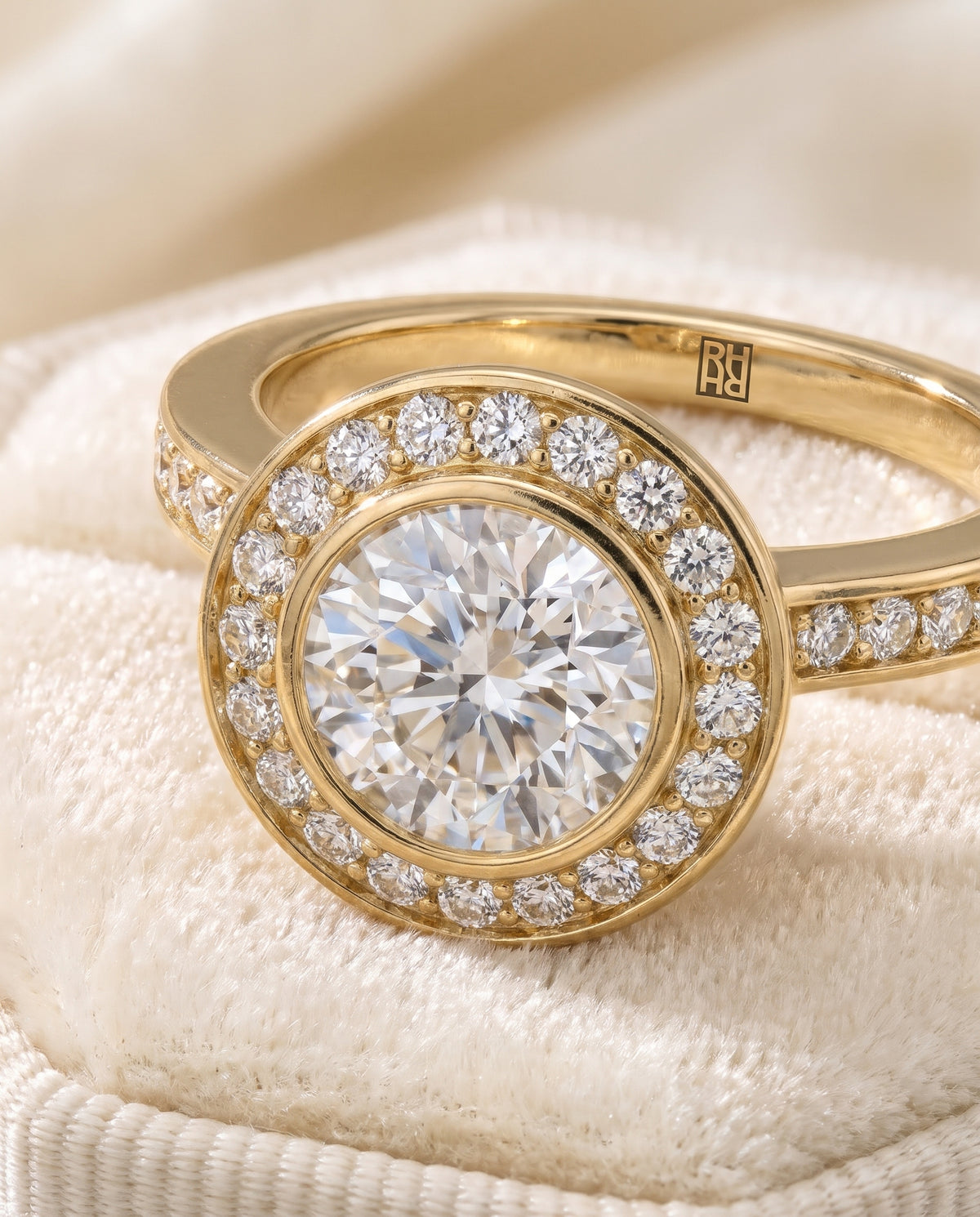 The Marcia Bezel Halo Channel Band Round Engagement Ring Setting in 18K Yellow Gold