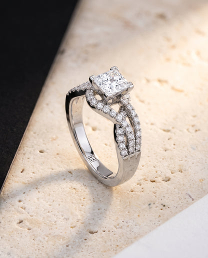 The Marguerite Bypass Twist Pavé Swirl Princess Cut Engagement Ring Setting in Platinum