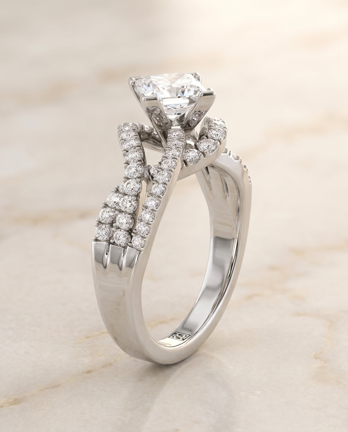The Marguerite Bypass Twist Pavé Swirl Princess Cut Engagement Ring Setting in Platinum