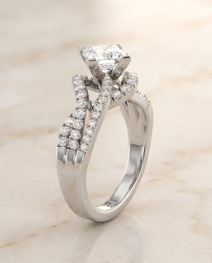 The Marguerite Bypass Twist Pavé Swirl Princess Cut Engagement Ring Setting in Platinum