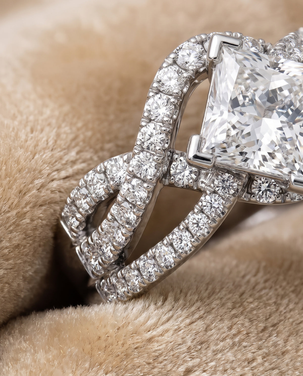 The Marguerite Bypass Twist Pavé Swirl Princess Cut Engagement Ring Setting in Platinum