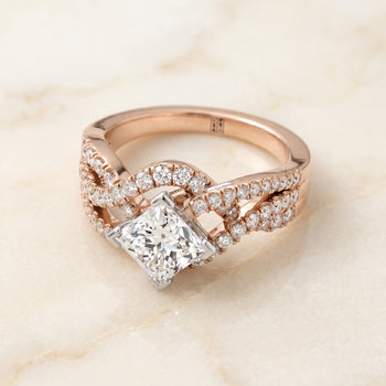 The Marguerite Bypass Twist Pavé Swirl Princess Cut Engagement Ring Setting in 14K Rose Gold