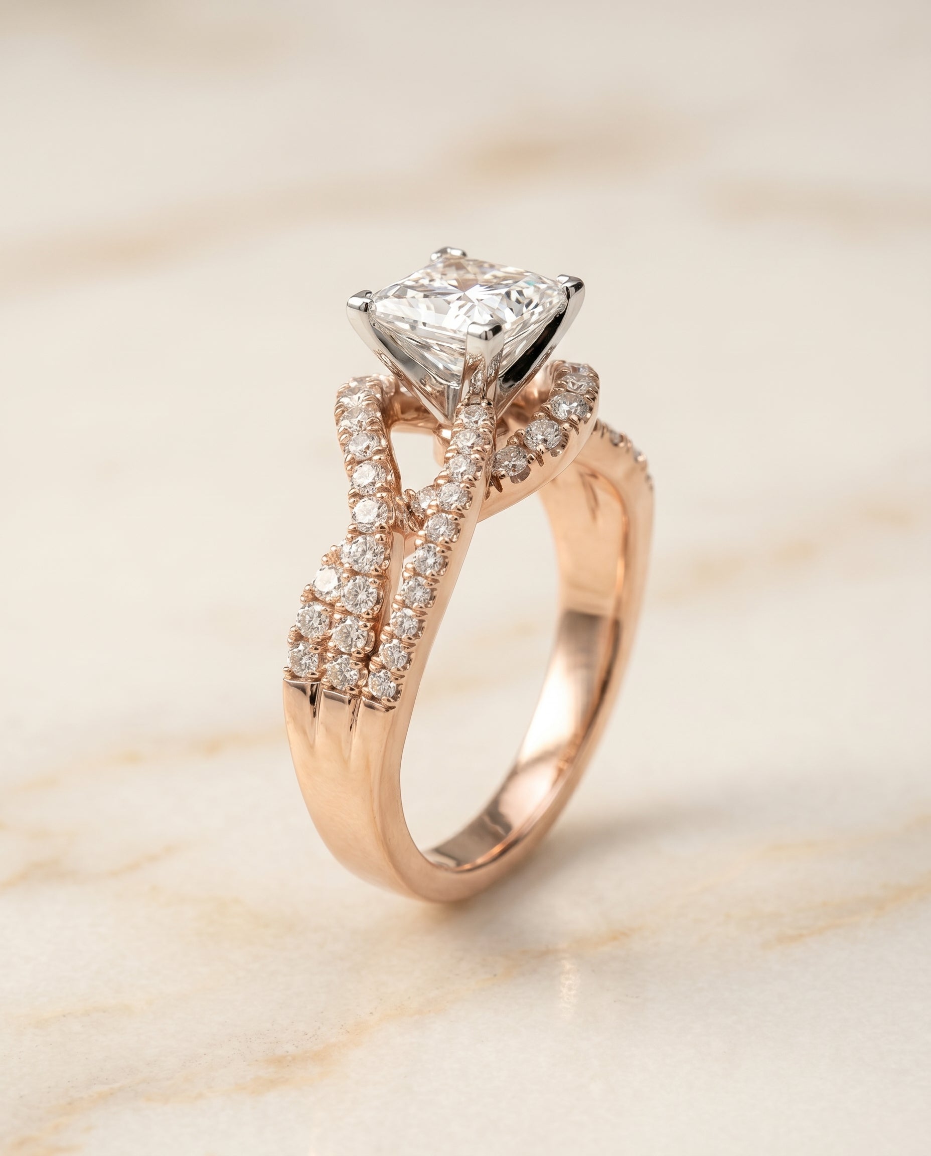 Bypass Twist Pavé Swirl styling on The Marguerite princess engagement ring setting | RockHer