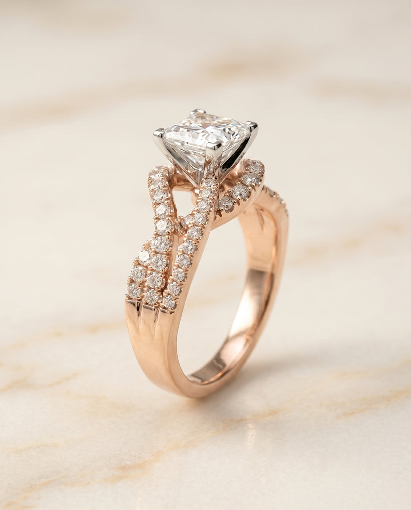 The Marguerite Twisted Engagement Ring Setting for Princess Diamonds in 14K Rose Gold