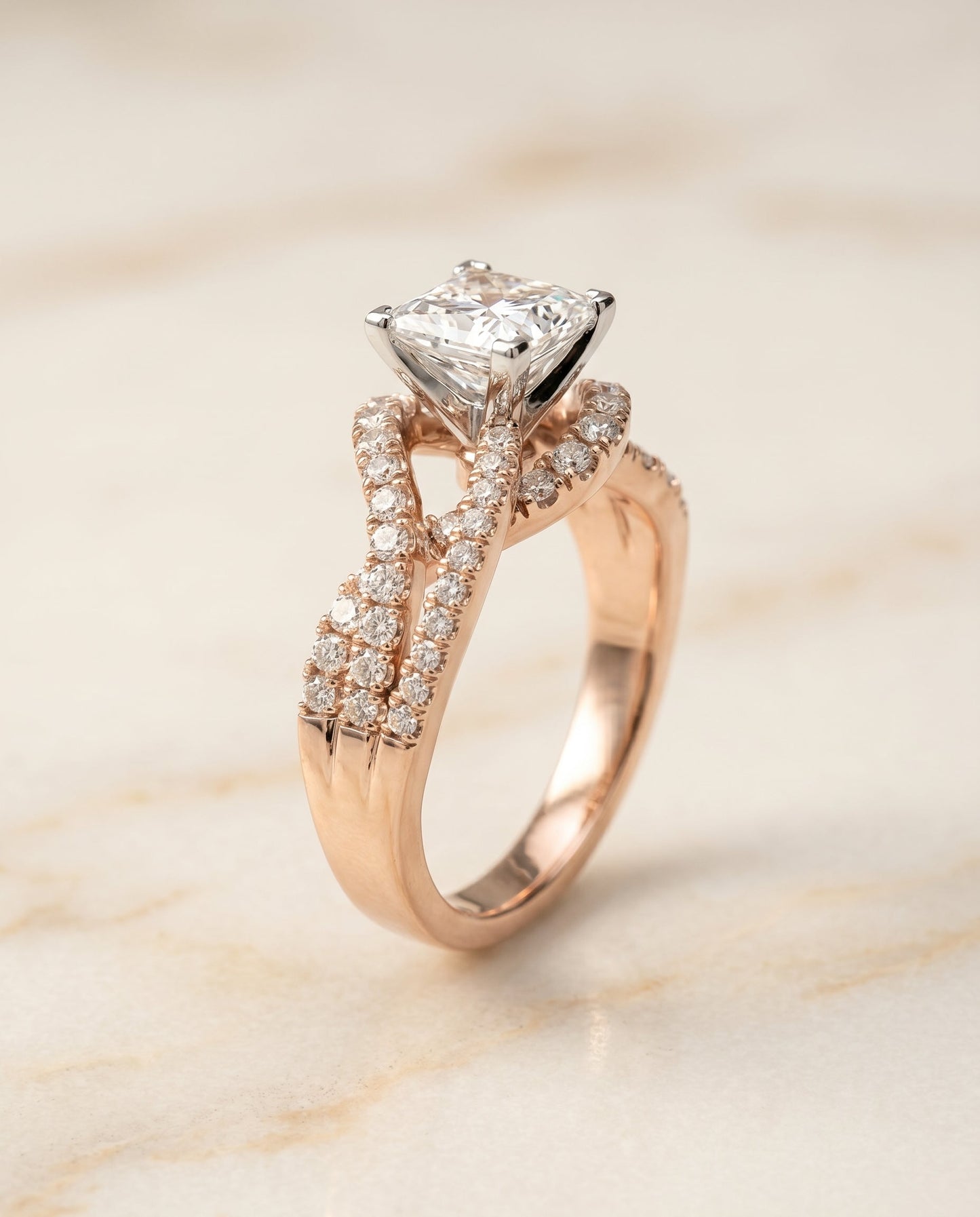 Marguerite Select Bypass Twist Pavé Swirl Princess Cut Lab Diamond Engagement Ring in 14K Rose Gold, front view | RockHer
