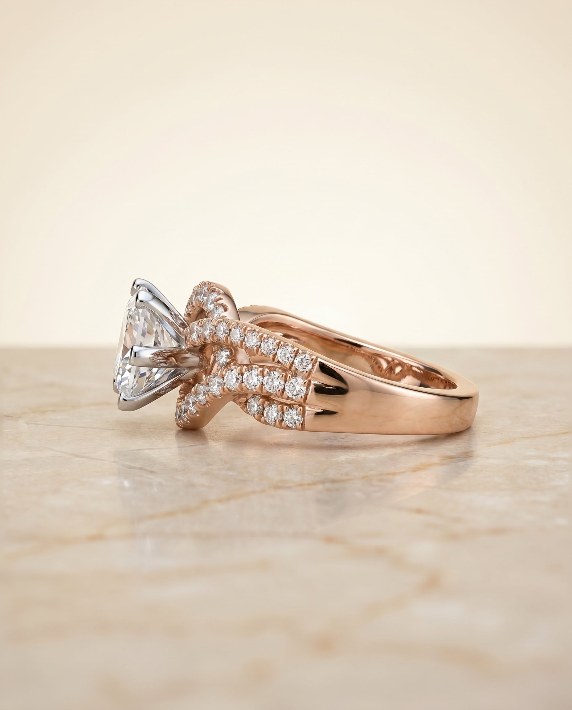 Marguerite Select Bypass Twist Pavé Swirl Princess Cut Lab Diamond Engagement Ring in 14K Rose Gold, side view | RockHer