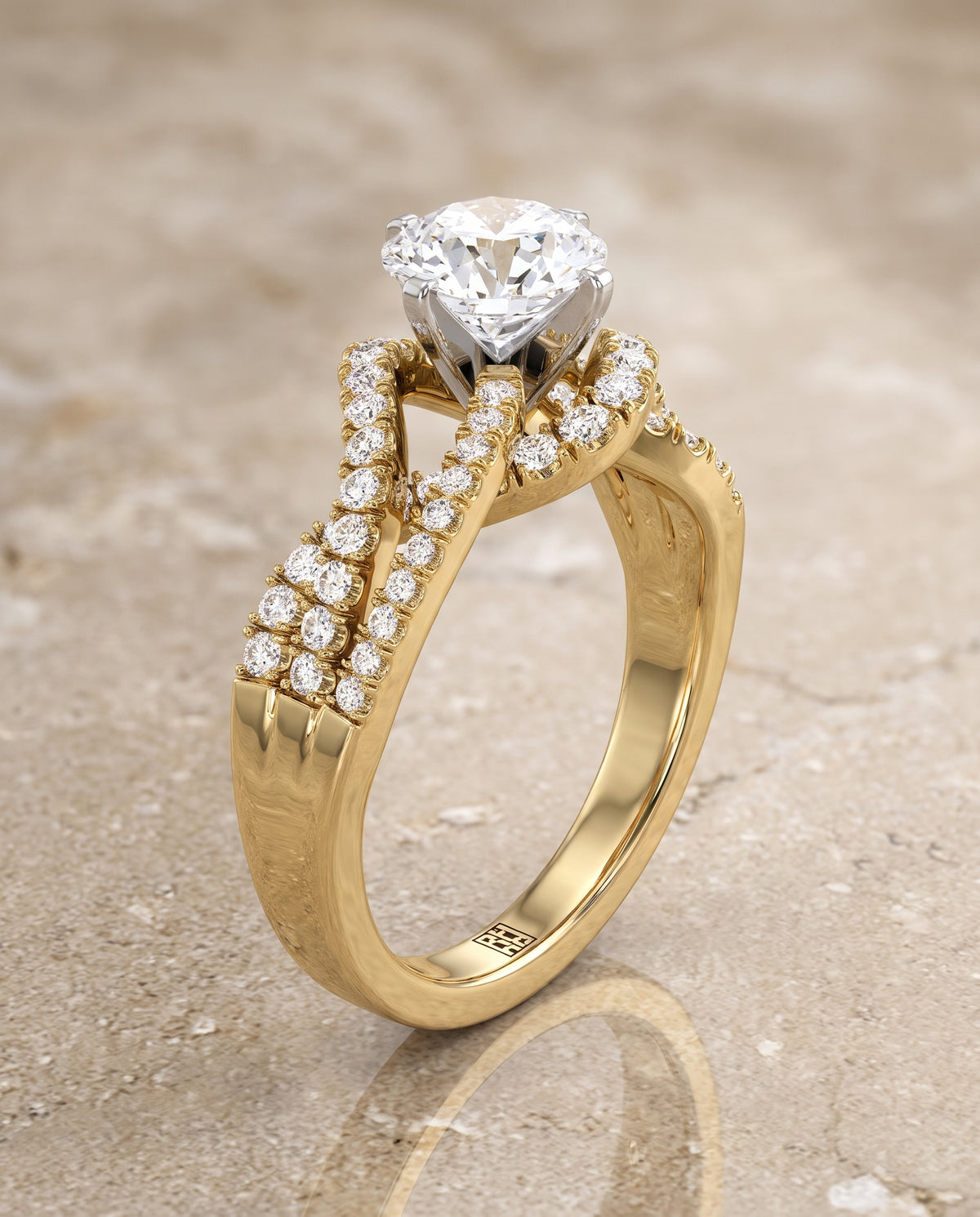 The Marguerite Bypass Twist Pavé Swirl Round Engagement Ring Setting in 18K Yellow Gold