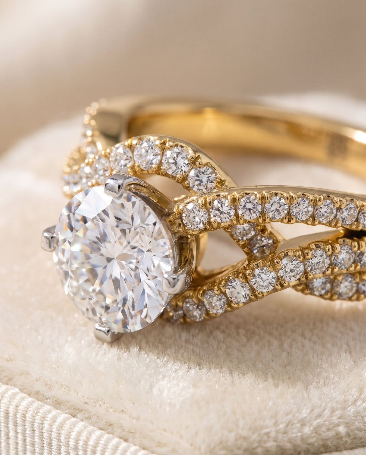 The Marguerite Bypass Twist Pavé Swirl Round Engagement Ring Setting in 18K Yellow Gold
