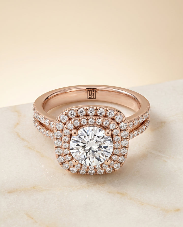 Round Brilliant, Linear Double Row Halo, in 14K Rose Gold, pave setting – angled view | RockHer