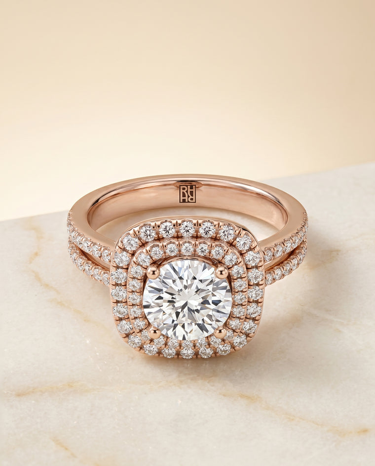 The Maria Linear Double Row Halo Round Engagement Ring Setting in 14K Rose Gold