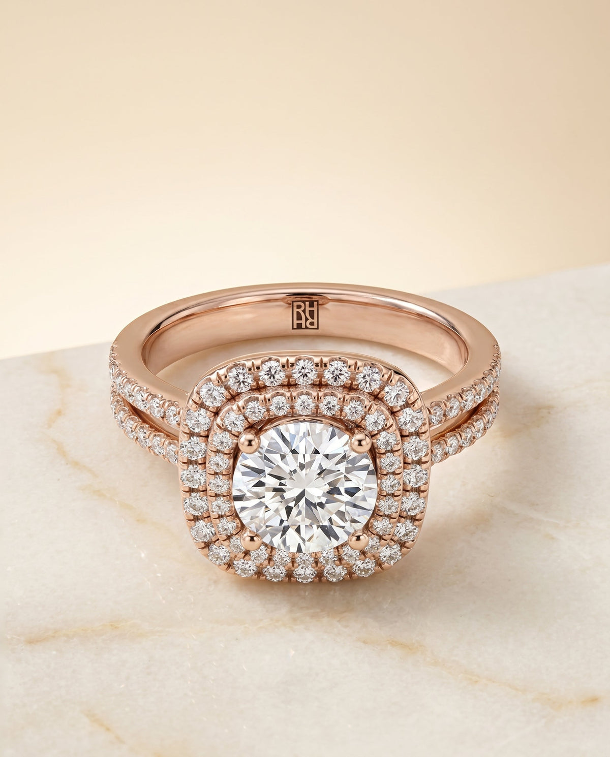 Maria Select Linear Double Row Halo Round Lab Diamond Engagement Ring in 14K Rose Gold, alternate angle | RockHer