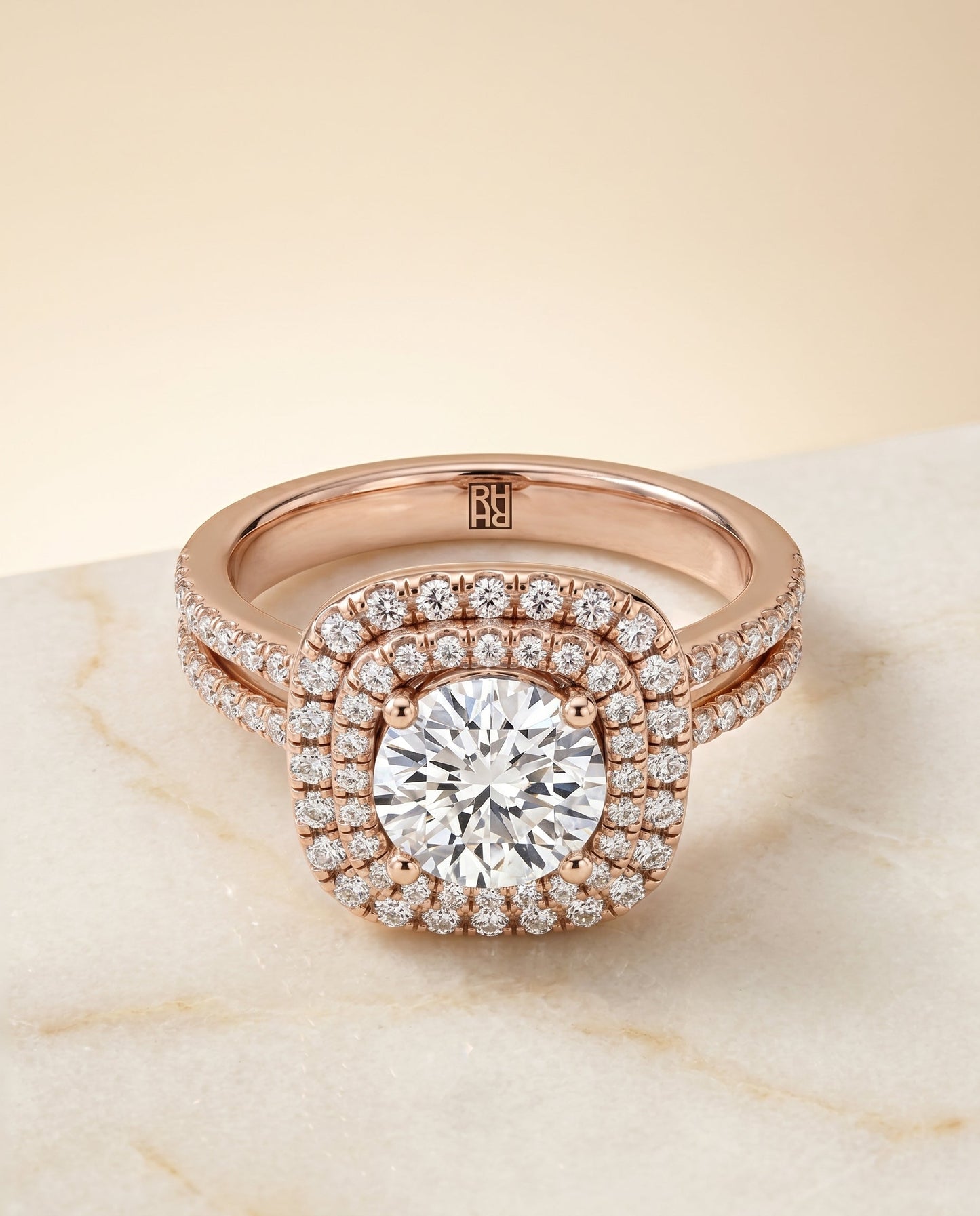 Maria Select Linear Double Row Halo Round Lab Diamond Engagement Ring in 14K Rose Gold, alternate angle | RockHer