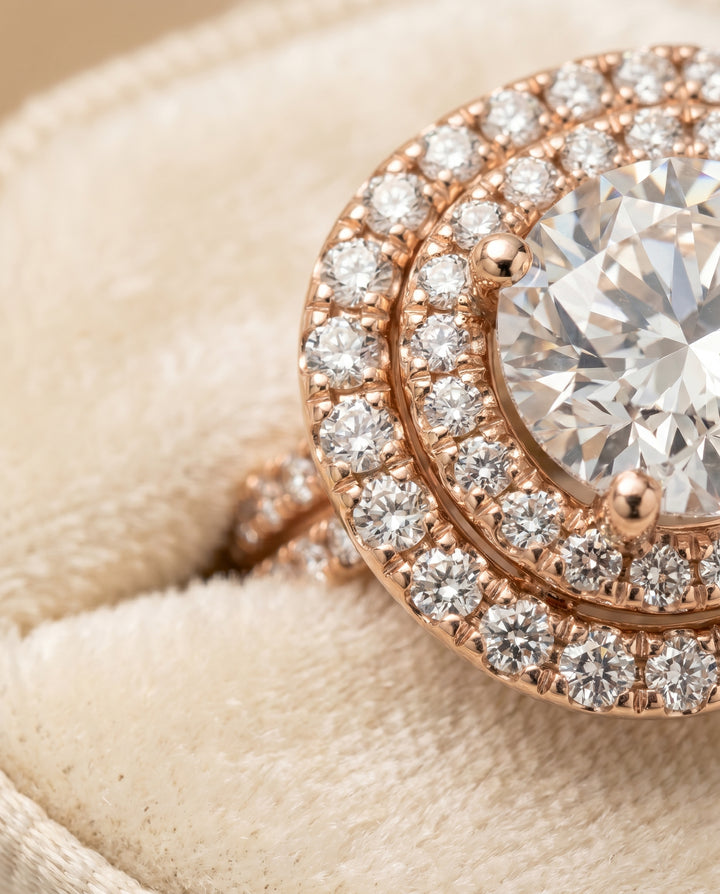 Round Brilliant, Linear Double Row Halo, in 14K Rose Gold, pave setting – detail view | RockHer