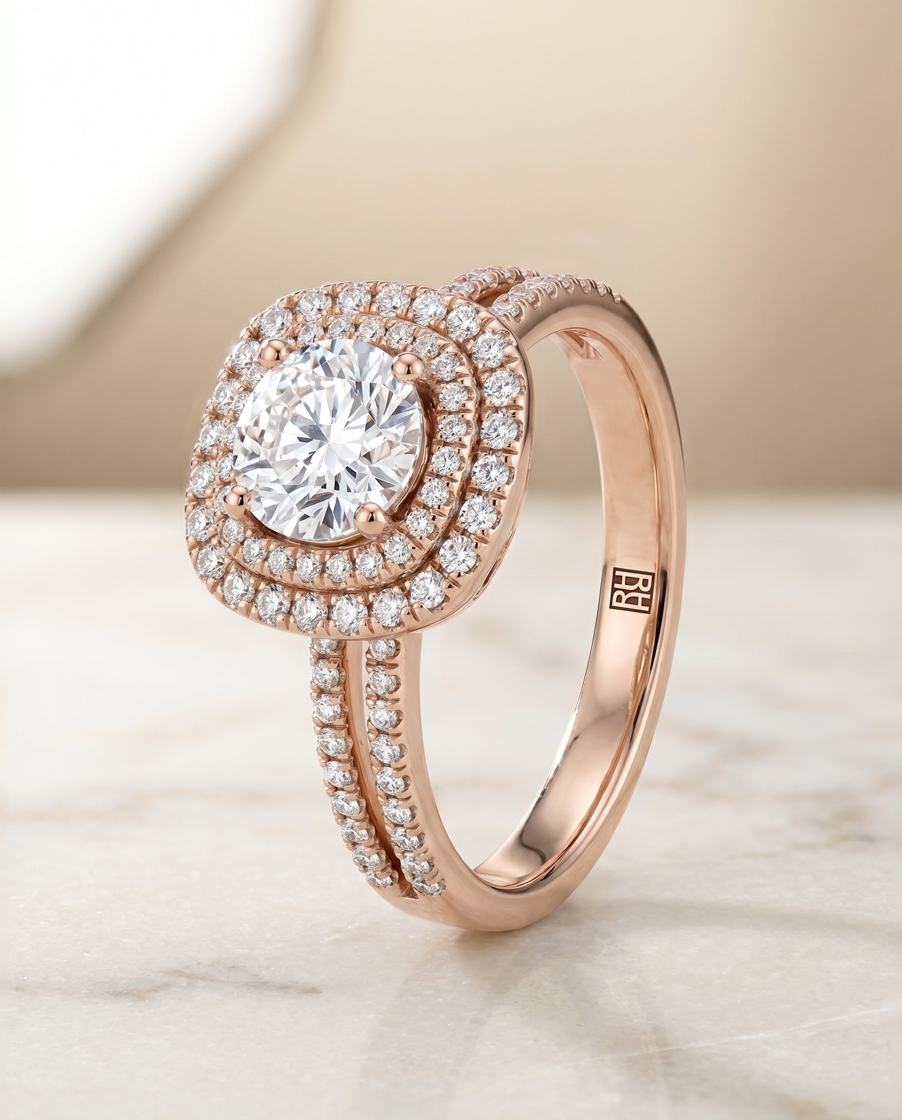 Maria Select Linear Double Row Halo Round Lab Diamond Engagement Ring in 14K Rose Gold, front view | RockHer