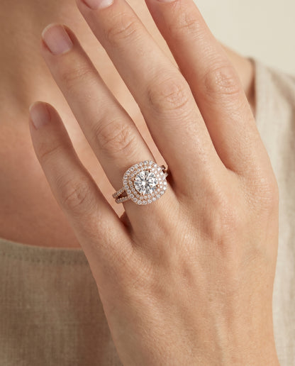 Round Brilliant, Linear Double Row Halo, in 14K Rose Gold, pave setting – lifestyle shot | RockHer
