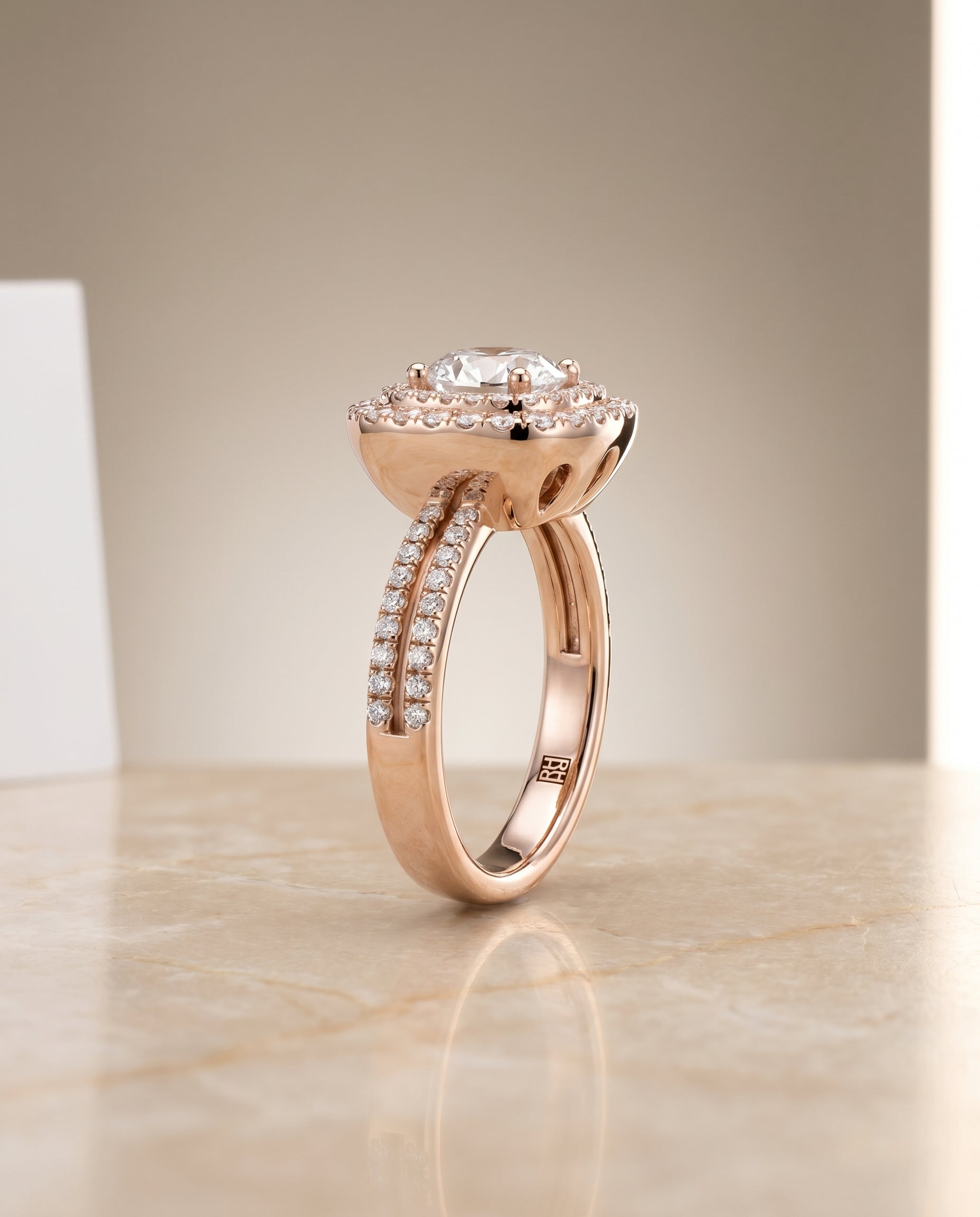 Linear Double Row Halo styling on The Maria round engagement ring setting | RockHer