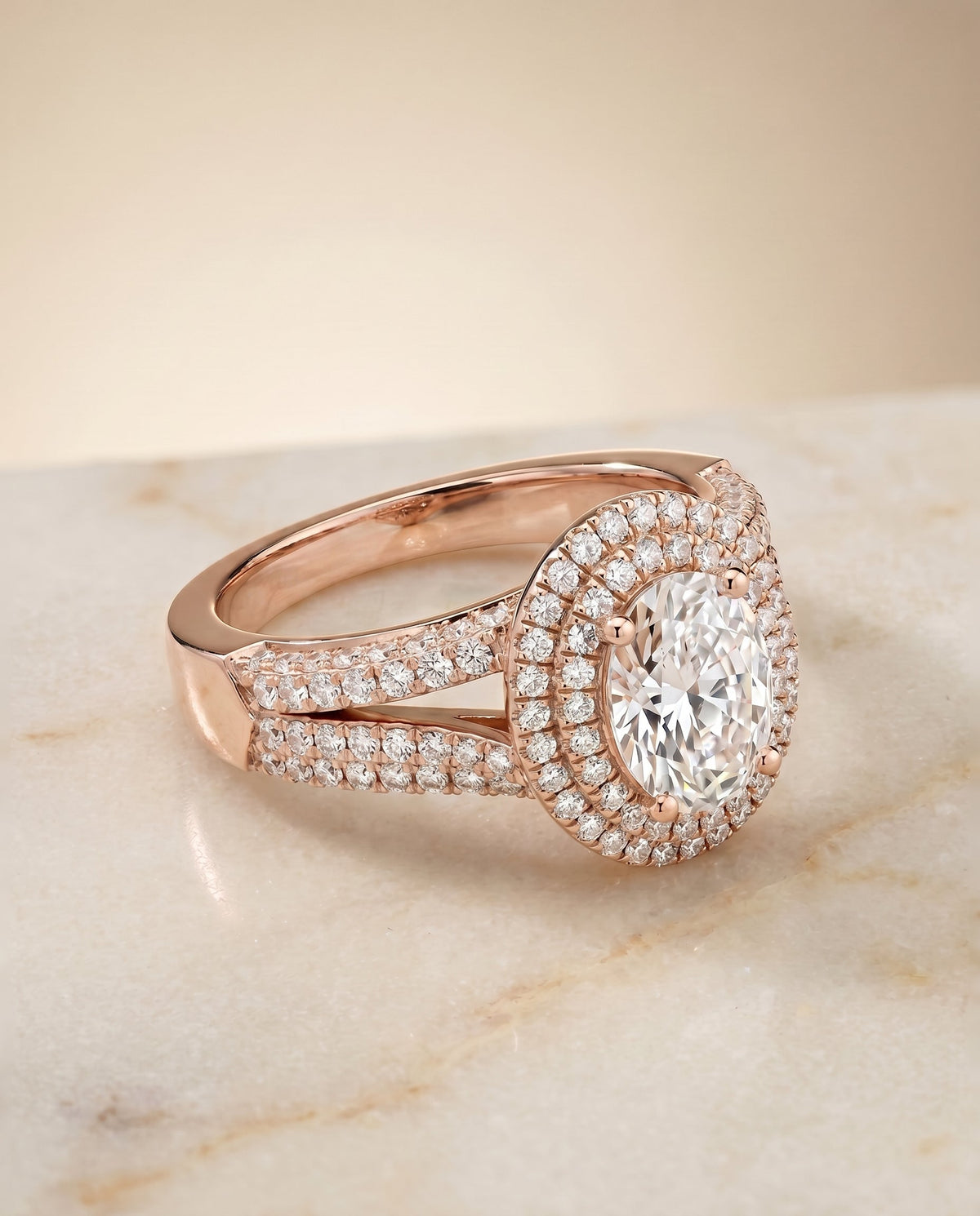 Mariah Select Halo Oval Lab Diamond Engagement Ring in 14K Rose Gold, shown on hand, angled | RockHer