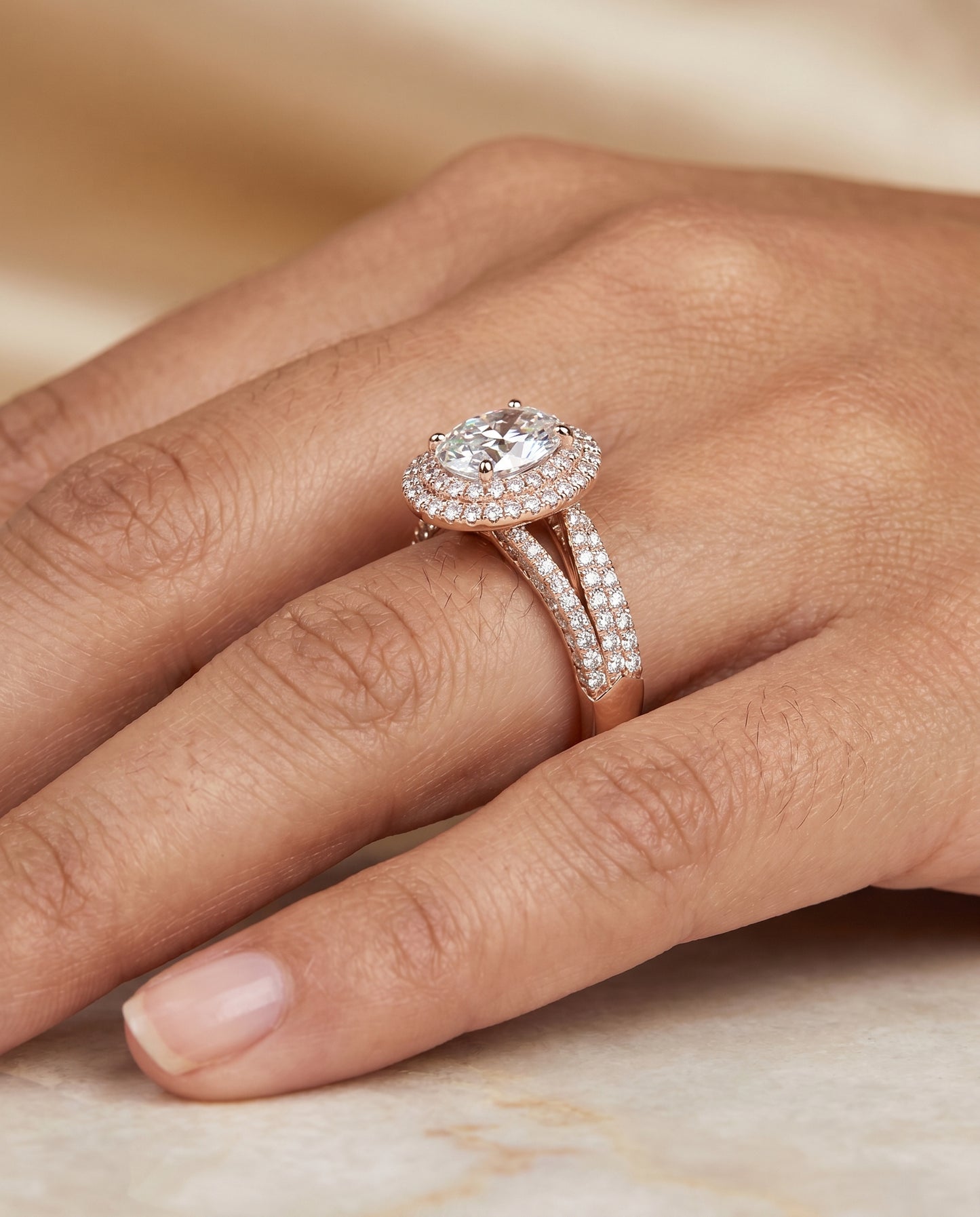 The Mariah Halo Engagement Ring Setting for Oval Diamonds in 14K Rose Gold